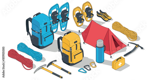 Outdoor camping equipment isometric design with backpacks, tent, climbing tools, and more