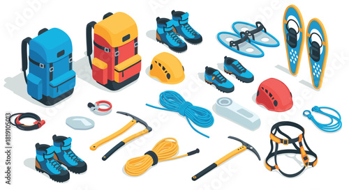 Outdoor adventure gear set for mountain climbing and hiking with isometric design
