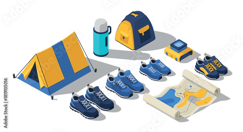 Essential camping gear in isometric style featuring tent, backpack, and hiking shoes