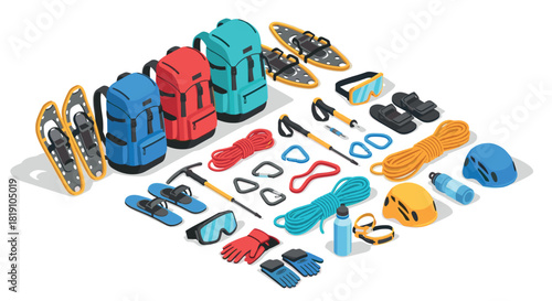 Isometric camping gear set with backpacks, snowshoes, and climbing equipment