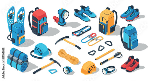 Modern isometric camping and hiking gear collection