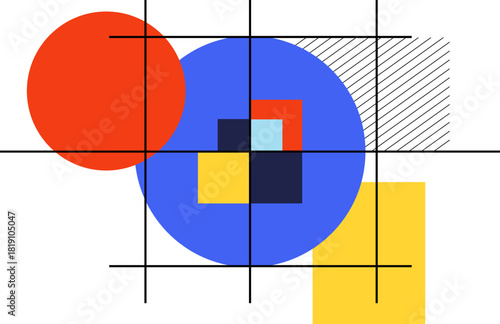 Geometric abstract composition in Bauhaus style with primary colors and thin lines. EPS 10