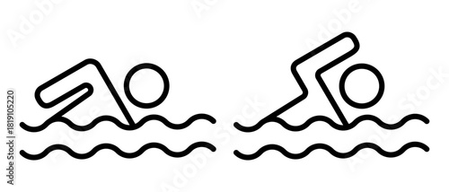 Outline style swimming icon set. Line vector illustration showing swimming symbols, warning signs and safety rule indicators for pool and beach areas.