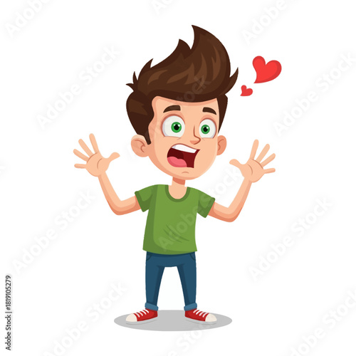A cartoon boy with a surprised expression and raised hands, with red hearts floating above his head.