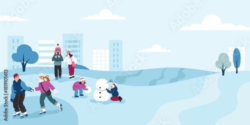 Winter activities banner. Flat cartoon vector illustration.