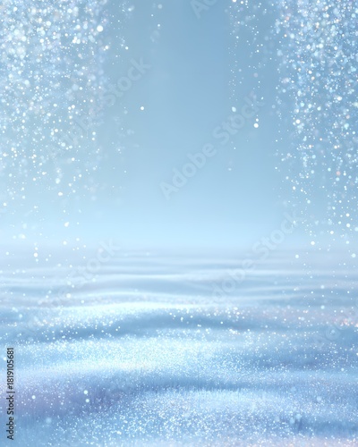Clean winter scene with soft shimmering particles pastel blue ambience minimal decorative style 3D backdrop