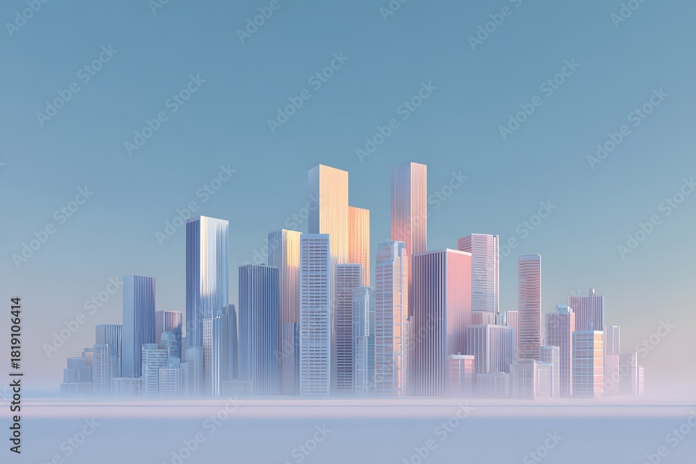 Obraz premium Sleek city skyline with diffused light pastel winter tones minimal layout 3D render