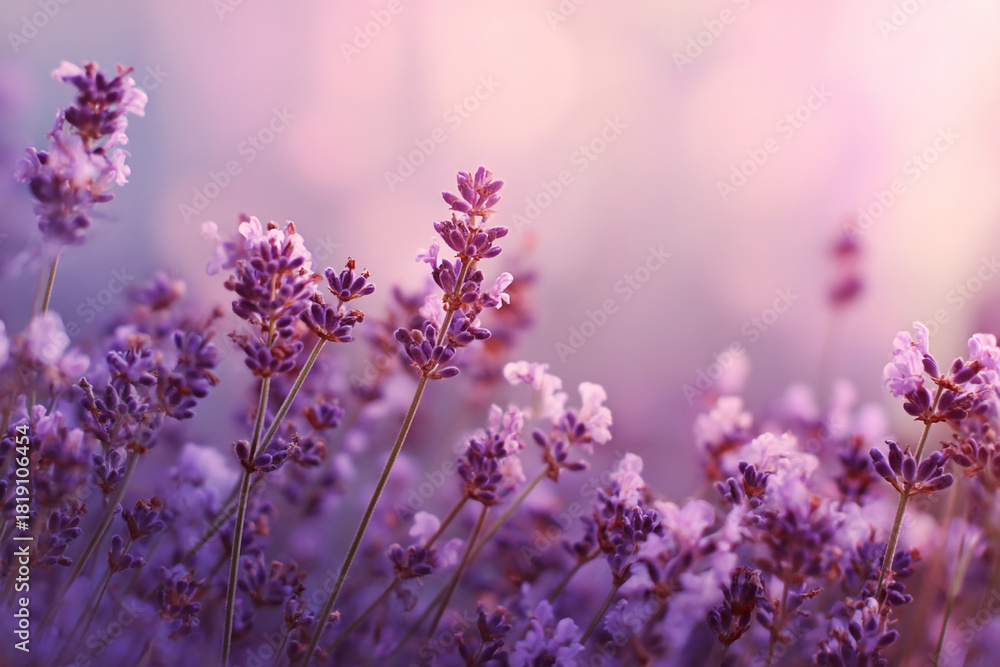 Naklejka premium Purple lavender flowers bloom softly in a field bathed in gentle sunlight creating a serene and beautiful natural scene