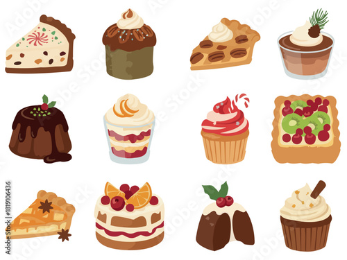 A festive collection of Christmas desserts including pies, cupcakes, puddings, trifles, and fruit tarts, illustrated in a cozy flat style with warm holiday colors.