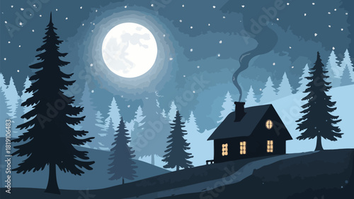 Enchanting winter cabin silhouette under a glowing moon in a serene forest landscape scene