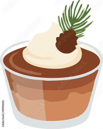 A creamy chocolate dessert served in a glass cup, topped with whipped cream and a tiny pinecone decoration for a festive winter look.