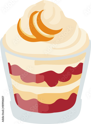 A layered holiday trifle in a glass cup, filled with cream, sponge cake, and berry jelly, topped with whipped cream and orange slices in a cozy flat style.