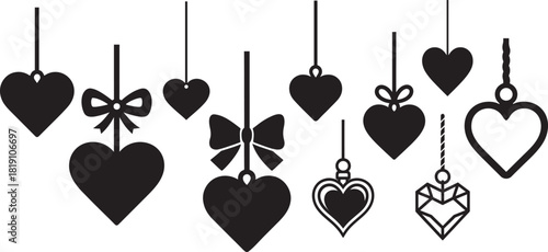 Silhouette hanging heart combo icon set in bold vector style, ideal for love, decor, and crafts.