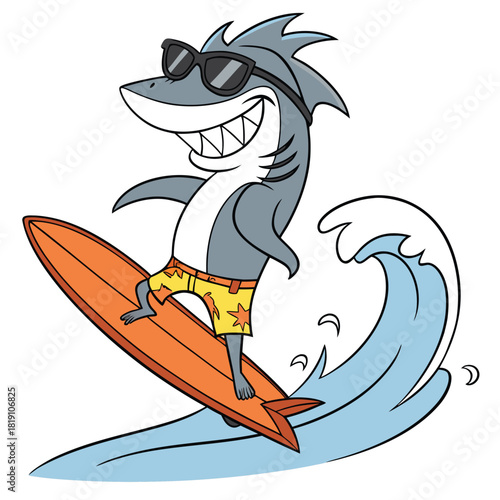 A cartoon shark rides a surfboard with waves and sunglasses on
