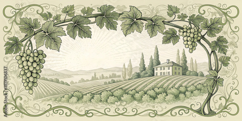 Engraving of vineyard with farmhouse and grapes