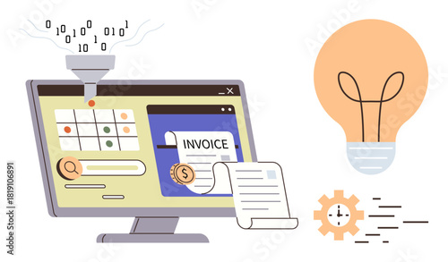 Computer screen displaying invoice processing, data input funnel, invoice document, lightbulb, and gear. Ideal for finance, automation, innovation, technology business productivity simple flat