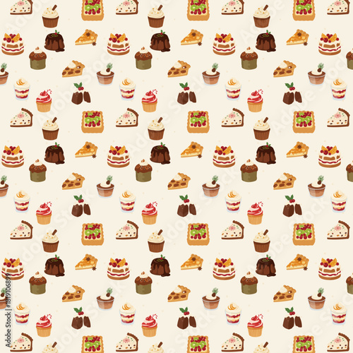 A seamless festive pattern featuring assorted Christmas desserts such as cakes, pies, cupcakes, puddings, and trifles, illustrated in a warm cozy flat style on a light background.
