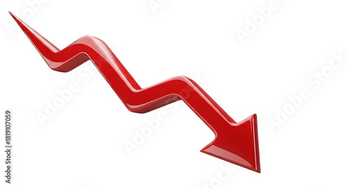 A glossy red arrow pointing downwards in a zig zag pattern against a black background design element