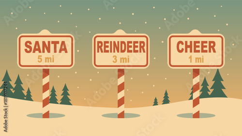 three candy-striped signposts in a snowy winter scene showing distances to santa reindeer and holiday cheer