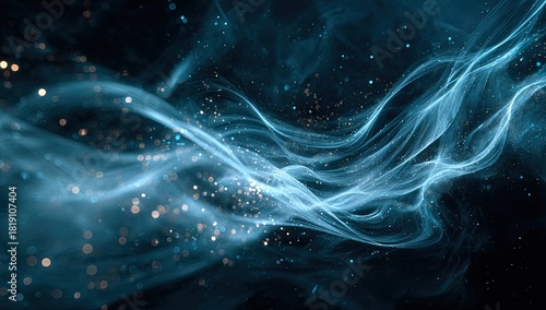 Ethereal blue smoke swirls with glowing bokeh against a dark background