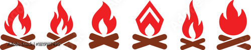 Stick fire icon set in clean style, perfect for camping, heat, and outdoor designs.