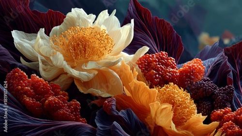 Abstract, vibrant composition featuring richly textured white and orange flowers surrounded by deep purple leaves and clusters of red berries.