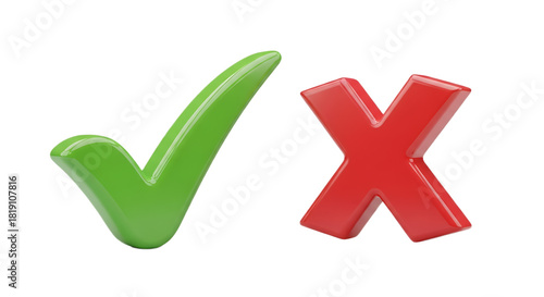 A close up of a green check mark and a red x on a black background in a rendered image style
