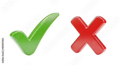 A green check mark and a red x symbol isolated on a black background representing choice and decision