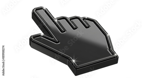 A black glossy mouse cursor with a hand shape pointing diagonally on a black background isolated view
