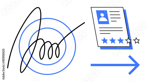 Abstract signed document on layered circles and a resume sheet with star rating, arrow suggesting evaluation. Ideal for recruitment, contract signing, performance, approval, agreement, feedback