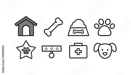 Pet Care and Veterinary Line Icon Set: Dog House, Bone, Food Bowl, Paw Print, Star Badge, Collar, First Aid Kit, and Dog Head for Animal Health and Domestic Pets