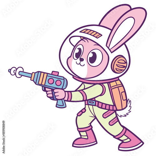 A charming cartoon bunny astronaut boldly venturing into space with a ray gun