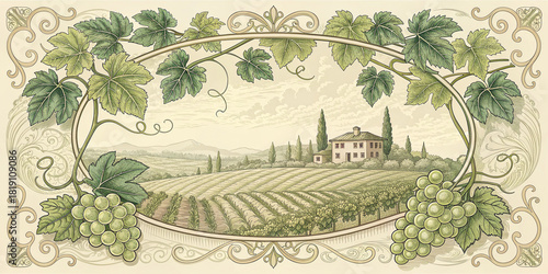 Vintage vineyard landscape with grapes leaves and villa in rustic style