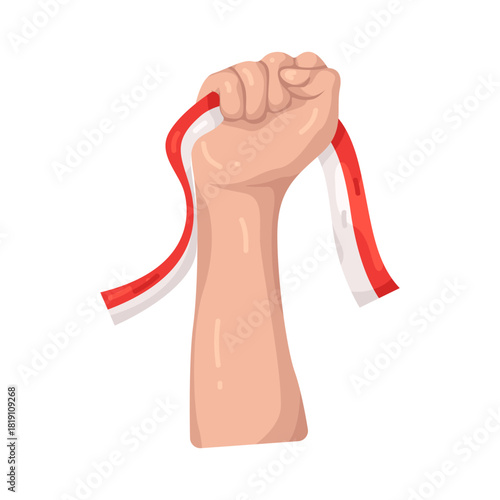 Illustration of Raised Fist Holding Indonesian Flag 
