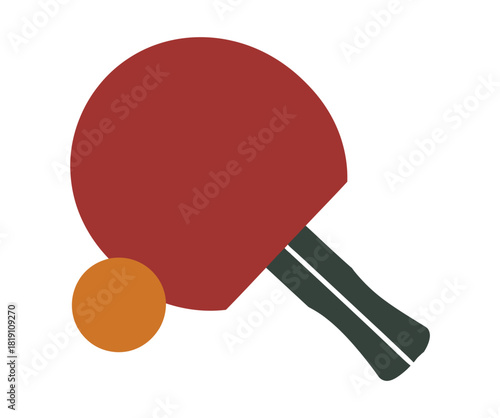 A red ping pong paddle rests beside a small orange ball on a white background.