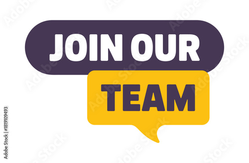 A graphic illustration displays the words "JOIN OUR TEAM" in bold white letters against a dark purple and bright yellow background, suggesting recruitment.