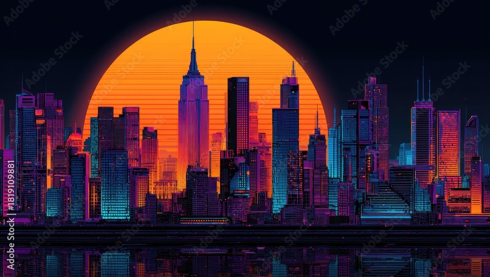Fototapeta premium Digital cityscape at dusk; buildings silhouetted against a vibrant orange sunset backdrop