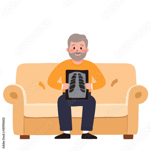 Elderly man holding x-ray. Senior showing chest x-ray. Doctor examining x-ray result. Older patient reviewing diagnosis. Elderly set