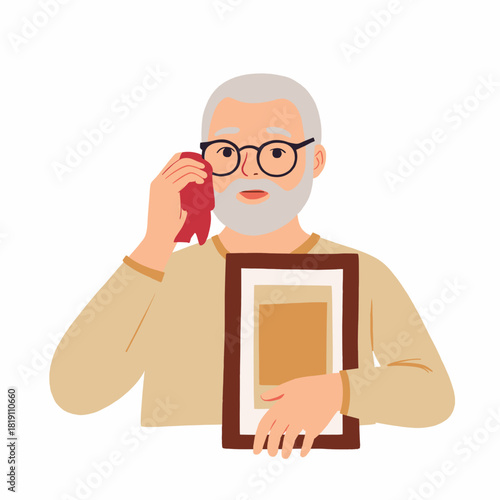 Elderly man with framed photo. Senior looking at old picture. Older man remembering loved ones. Elderly nostalgic moment at home. Elderly set