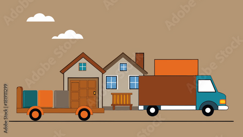 Transportation service with a mover loading furniture onto a truck near a house