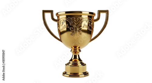 A golden trophy with intricate floral designs and handles on a black background rendering object