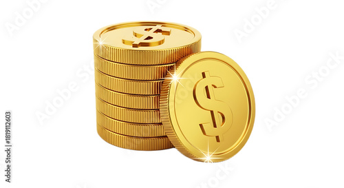 A stack of golden dollar coins with a single coin leaning against it on a black background image render