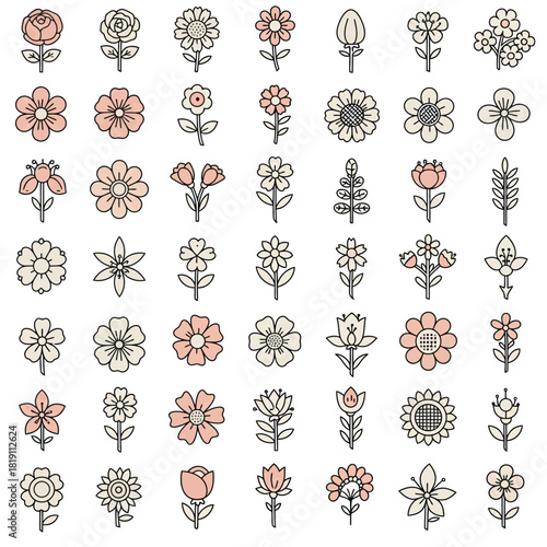 Vector set of simple line art floral icons. A cute cartoon collection of minimalist flower and plant symbols for nature themed graphic design
