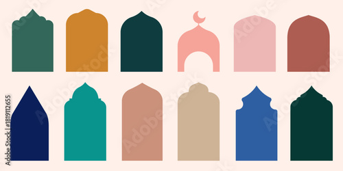 Set of Ramadan Kareem design elements with mosque, crescent moon in flat geometric style, decorative elements