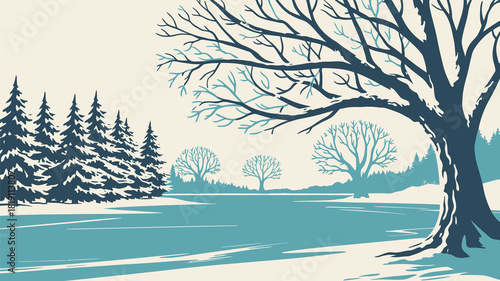 Winter landscape featuring a frozen lake surrounded by snow-covered trees, perfect for seasonal illustrations, winter scenery artwork