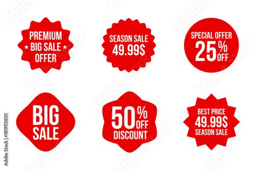 Set of red sale tags and labels. Paper gift label with rope. Special offer, sale, discount, shop, black Friday.