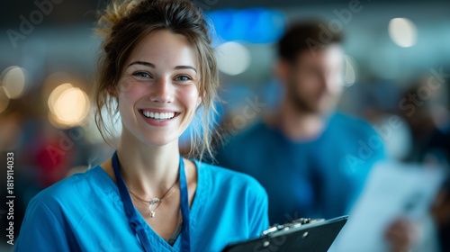 Friendly, smiling female nurse in blue scrubs holding a medical chart in a hospital or clinic corridor, representing healthcare and compassion.