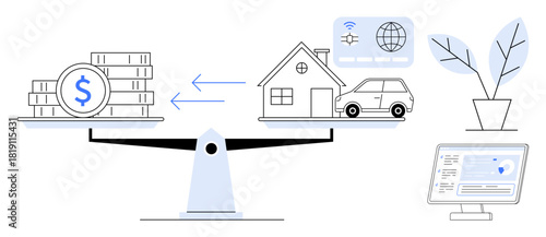 Scale balancing coins, house, and car with arrows indicating exchange. Nearby digital screen, plant, and internet-connected elements. Ideal for finance, mortgage, investment economy real estate