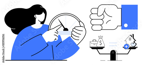 Financial decision-making. Conceptual artwork financial decisions, budget management, and life balance. Financial priorities, income utilization, and goal setting explored. Visuals for planning