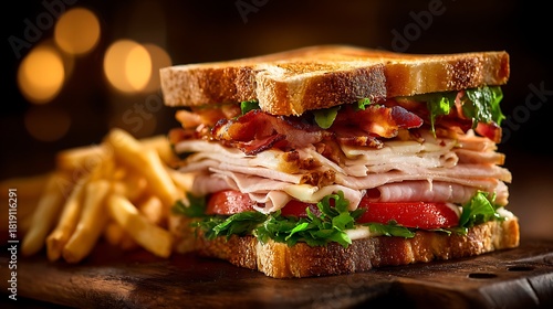 Delicious stacked club sandwich with crispy french fries and bokeh lights.